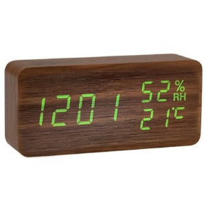 Часы настольные с будильником VST-862s-4 в виде коричневого дерев.бруска с зеленой подсветкой - фото