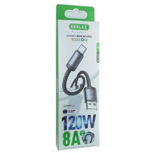 Кабель Type-C Gerlax L36T 8A/120W/MI TURBO CHARGE тканевой черный 1м - фото