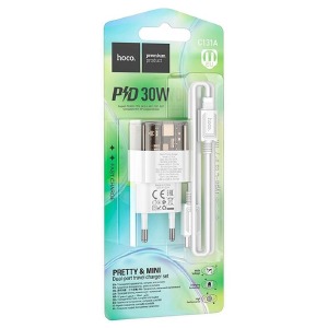 СЗУ Type-C to iPhone Lightning Hoco C131A 3A/1USB/QC3.0/PD30W бело-черный 1м (21) - фото