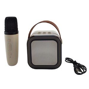 Портативная детская караоке система колонка K12-1 MIC/изменение голоса/RGB/BT/USB/microSD/FM 9х9см (бежевая, черная, розовая, синяя) - фото