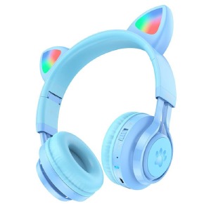 Hands Free большие Bluetooth Hoco W39 LED ушки RGB/BT5.3/AUX/mic/400mAh синий - фото