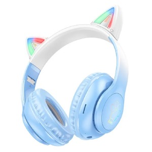 Hands Free большие Bluetooth Hoco W42 LED ушки RGB/BT5.3/TFcard/FM/AUX/mic/400mAh синий (42) - фото