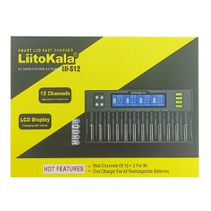 Зарядное для аккумуляторов LiitoKala Lii-S12 12х+2х9V/универсальное/крона/Li-ion/NiMH/NiCD/IMR/LiFePO4/LCD дисплей/28,7х14,25х3,5см/черное - фото