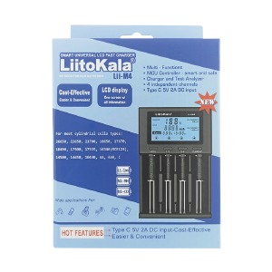 Зарядное для аккумуляторов LiitoKala Lii-M4 4х/универсальное/Li-ion/NiMH/NiCD/LED дисплей/тест емкости/1USB/PowerBank Funcion/14,6х10х3,3см/черное - фото