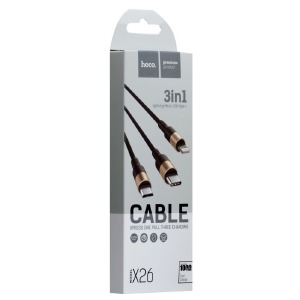 Кабель 3в1 USB to (microUSB+Lightning+Type-C) Hoco X26 тканевой черно-золотой 1м (30) - фото