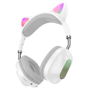 Hands Free большие Bluetooth Hoco ESD13 LED ушки/RGB/BT5.3/TFcard/FM/AUX/mic/400mAh белый - фото