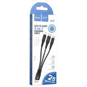 Кабель 3в1 USB to (microUSB+Lightning+Type-C) Hoco X47 2.4A тканевой черный 0,25м (31) - фото