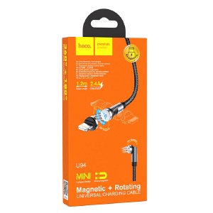 Кабель iPhone Lightning (5/6/7/8...) Hoco U94 2.4A магнитный поворотный тканевой черный 1,2м - фото