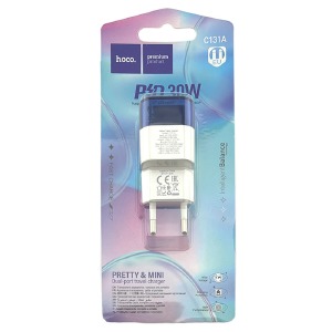 Блочек USB Hoco C131A 3A/1USB/QC3.0/PD30W бело-синий (30) - фото
