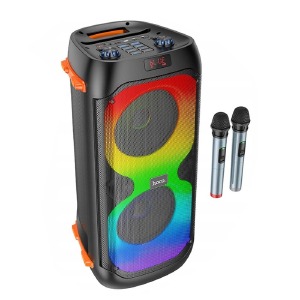 Колонка чемодан Hoco BS53 2 безпроводных микрофона/RGB/40W/BTv5.1/FM/TF/USB/AUX/MIC/3600maAh черная 63х34х30 см - фото