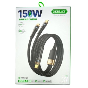 Кабель 2в1 Type-C to (Lightning+Type-C) Gerlax L37 15A/150W/OD5.0 тканевой черный 1,5м# - фото