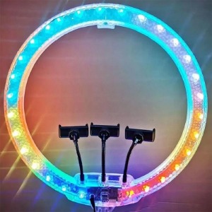 Кольцевая LED-селфи лампа RGB 3D-45см 3 держателя для телефона/без подставки/пульт/2USB/от сети - фото