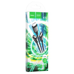 Кабель 3в1 USB to (microUSB+Lightning+Type-C) Hoco X76 2A тканевой черный 1м - фото