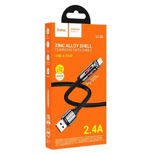 Кабель iPhone Lightning Hoco U136 2.4A/Led индикатор черный 1,2м - фото