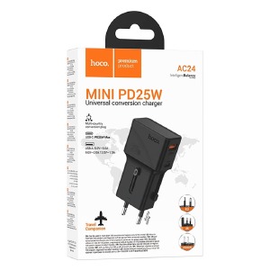 Блочек USB Hoco AC24 универсальная вилка EU/UK/US/3A/1USB/QG3.0/PD25W черный - фото