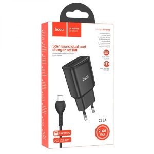 СЗУ iPhone Lightning Hoco C88A 2.4A/2USB черный 1м (12) - фото