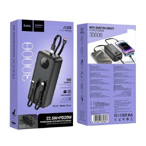 Power bank/Павербанк 30000mA Hoco J132B 3A/1USB/QC3.0/22.5W/PD20W/кабель PD22.5W/кабель IP2.4A/кабелель PD-PD/LED дисплей (input PD18W) черный (20) - фото