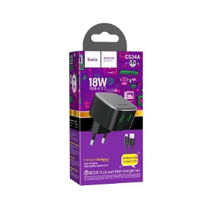 СЗУ microUSB Hoco CS34A 3A/2USB/18W/QC3.0 черный 1м (12) - фото