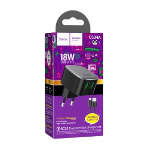 СЗУ Type-C Hoco CS34A 3A/2USB/18W/QC3.0 черный 1м (12) - фото