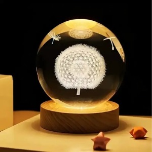 Ночник хрустальный шар 6см одуванчик на деревянной подставке LED подсветка/от USB - фото