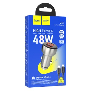 АЗУ iPhone Type-C to Lightning Hoco Z50 3A/48W/1USB/18W/QC3.0/PD30W/LCD дисплей серое (12) - фото