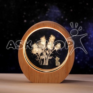 Ночник хрусталь плоский на деревяной подставке 6см розы и кот LED подсетка/от USB - фото