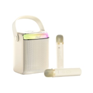 Портативная детская караоке система колонка Mietubl MTB-BLSP03 2 MIC/изменение голоса/RGB/BT5.3/USB/1800mAh 7х14x12.4см бежевая - фото