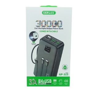 Power bank/Павербанк 30000mA Gerlax GP-323 4USB/3A/фонарик/LED дисплей/кабель 3в1(microUSB/type-C/lightning) черный - фото