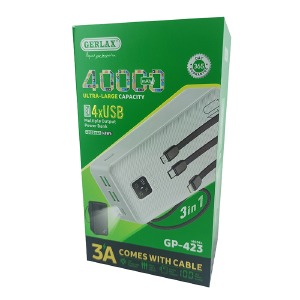 Power bank/Павербанк 40000mA Gerlax GP-423 4USB/3A/LED дисплей/фонарик/кабель 3в1(microUSB/ type-C/lightning) черный - фото