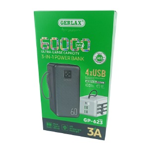 Power bank/Павербанк 60000mA Gerlax GP-623 4USB/3A/LED дисплей/фонарик/кабель 3в1(microUSB + type-C+lightning) черный - фото