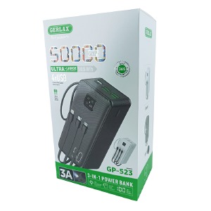 Power bank/Павербанк 50000mA Gerlax GP-523 4USB/3A/фонарик/LED дисплей/кабель 3в1(microUSB/type-C/lightning) черный - фото