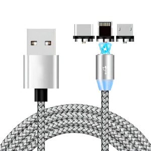 Кабель 3в1 USB to (microUSB+Lightning+Type-C) МАГНИТНЫЙ X-cable тканевой серый 1м - фото