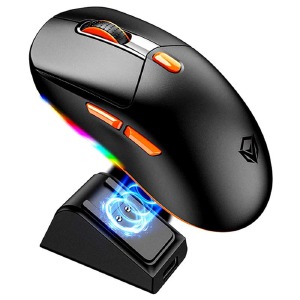 Компьютерная мышка беспроводная Meetion GW38 RGB/6 кнопок/USB 2.4GHz/проводная/магнитная зарядная станция/400-8000DPI черно-оранжевая - фото