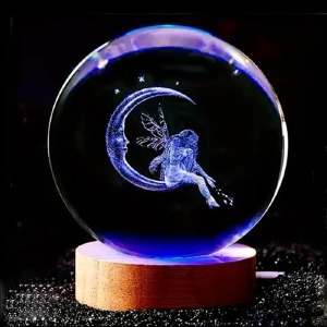 Ночник хрустальный шар 6см фея на луне на деревянной подставке LED подсветка/от USB - фото
