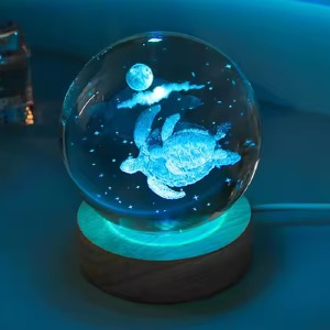 Ночник хрустальный шар 6см черепахи на деревянной подставке LED подсветка/от USB - фото