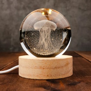 Ночник хрустальный шар 6см медуза на деревянной подставке LED подсветка/от USB - фото