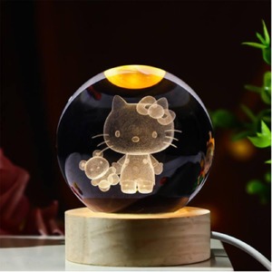 Ночник хрустальный шар 8см Hello Kitty на деревянной подставке LED подсветка/от USB - фото