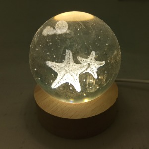 Ночник хрустальный шар 6см морская звезда на деревянной подставке LED подсветка/от USB - фото