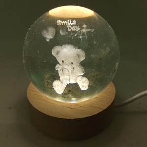 Ночник хрустальный шар 6см мишка smile day на деревянной подставке LED подсветка/от USB - фото