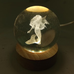 Ночник хрустальный шар 6см Ариэль на деревянной подставке LED подсветка/от USB - фото