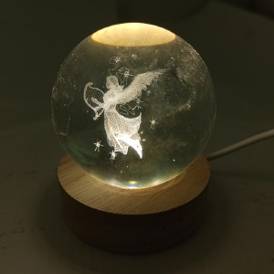 Ночник хрустальный шар 6см ангел с арфой на деревянной подставке LED подсветка/от USB - фото