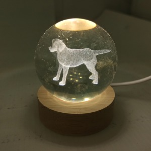 Ночник хрустальный шар 8см собака на деревянной подставке LED подсветка/от USB - фото