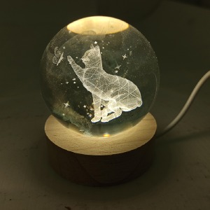 Ночник хрустальный шар 8см кот на деревянной подставке LED подсветка/от USB - фото