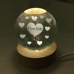Ночник хрустальный шар 6см сердца I love you на деревянной подставке LED подсветка/от USB - фото