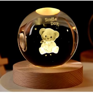 Ночник хрустальный шар 8см мишка smile day на деревянной подставке LED подсветка/от USB - фото