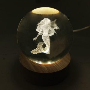 Ночник хрустальный шар 8см Ариэль на деревянной подставке LED подсветка/от USB - фото