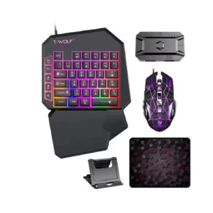 Игровой набор USB (клавиатура для одной руки+мышь+подставка+коврик для мышки 3000x250мм) T-Wolf TF950 4in1 RGB/4 кн/1200-3600DPI черный - фото