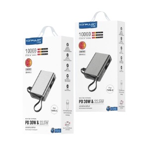 Power bank/Павербанк 10000mA Konfulon A58Q-T компактный/LED дисплей/Type-C PD30W+USB22.5W+TypeC кабель PD 30W/Защита КЗ и разряда/TypeC input серебро - фото