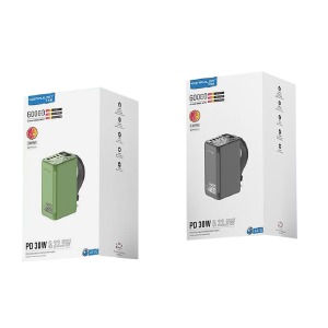 Power bank/Павербанк 60000mA Konfulon A47Q 1xTypeC PD30W/3xUSB 5V.3A/1USB QC 22.5W/LED дисплей/фонарик (input 2хType-C) хаки - фото