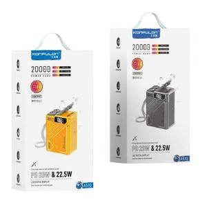 Power bank/Павербанк 20000mA Konfulon A51Q компакт/LED дисплей/Type-C PD20W+2xUSB22.5W+LED лампа/Защита КЗ и разряда, влаги/TypeC PD input серый - фото
